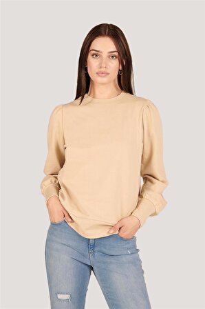 P-004986 - Kadın Omuzu Büzgülü Pamuklu Uzun Kollu Sweatshirt - BEJ