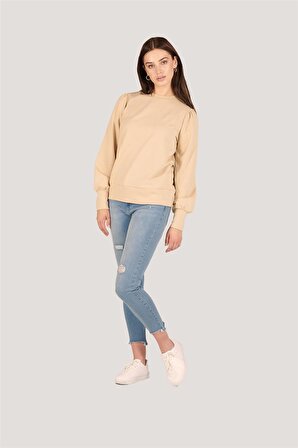P-004986 - Kadın Omuzu Büzgülü Pamuklu Uzun Kollu Sweatshirt - BEJ