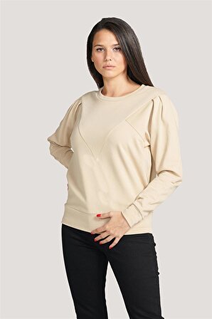 P-004955 - Kadın Pamuklu Uzun Kollu Sweatshirt - BEJ