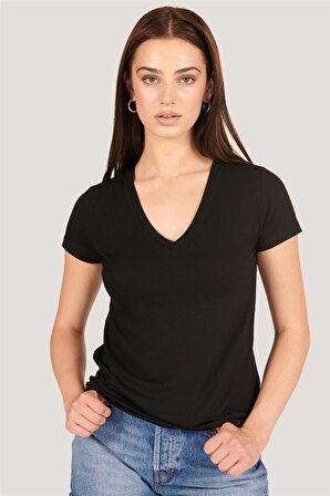P-004954 - Kadın V Yaka Kısa Kollu Örme T-Shirt - SİYAH