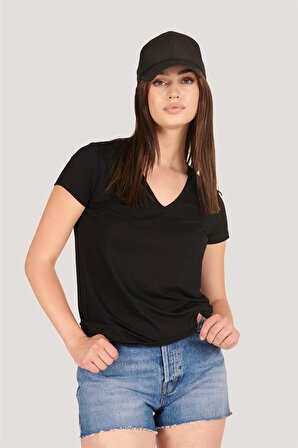 P-004954 - Kadın V Yaka Kısa Kollu Örme T-Shirt - SİYAH