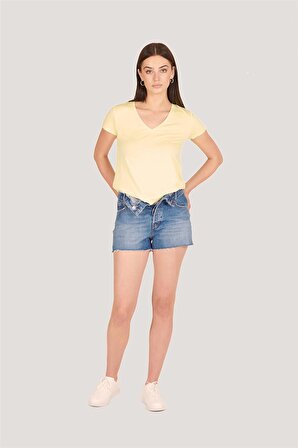 P-004954 - Kadın V Yaka Kısa Kollu Örme T-Shirt - SARI