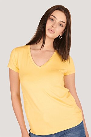 P-004954 - Kadın V Yaka Kısa Kollu Örme T-Shirt - HARDAL