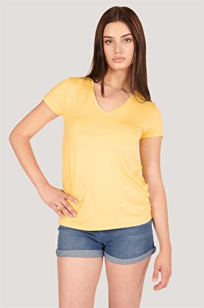 P-004954 - Kadın V Yaka Kısa Kollu Örme T-Shirt - HARDAL