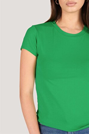 P-004953 - Kadın Sıfır Yaka Kısa Kollu Örme T-shirt - YEŞİL