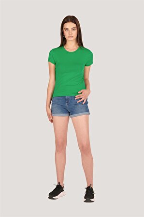 P-004953 - Kadın Sıfır Yaka Kısa Kollu Örme T-shirt - YEŞİL
