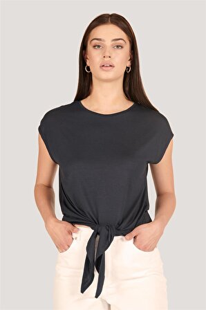 P-004933 - Kadın Basic Önden Bağlamalı Kısa Kollu Örme T-Shirt - LACİVERT