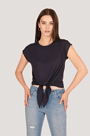 P-004933 - Kadın Basic Önden Bağlamalı Kısa Kollu Örme T-Shirt - KOYU LACİVERT