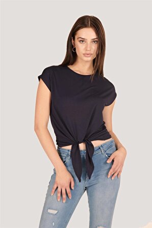 P-004933 - Kadın Basic Önden Bağlamalı Kısa Kollu Örme T-Shirt - KOYU LACİVERT