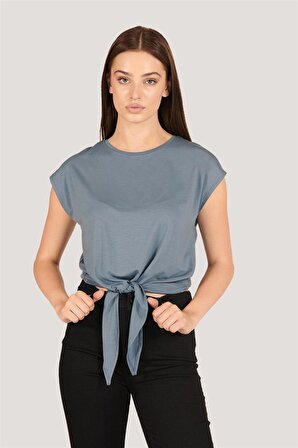 P-004933 - Kadın Basic Önden Bağlamalı Kısa Kollu Örme T-Shirt - GRİ MAVİ