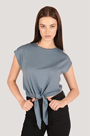 P-004933 - Kadın Basic Önden Bağlamalı Kısa Kollu Örme T-Shirt - GRİ MAVİ