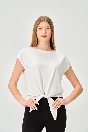 P-004933 - Kadın Basic Önden Bağlamalı Kısa Kollu Örme T-Shirt - EKRU
