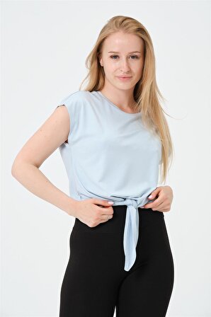 P-004933 - Kadın Basic Önden Bağlamalı Kısa Kollu Örme T-Shirt - AÇIK MAVİ