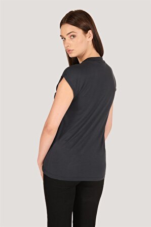P-004932 - Kadın Kısa Kollu Yüksek Yaka Örme T-Shirt - LACİVERT