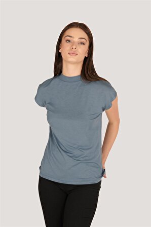 P-004932 - Kadın Kısa Kollu Yüksek Yaka Örme T-Shirt - GRİ MAVİ