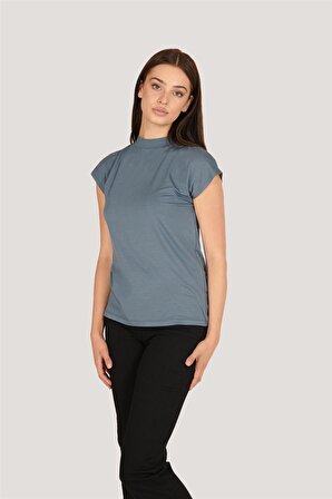 P-004932 - Kadın Kısa Kollu Yüksek Yaka Örme T-Shirt - GRİ MAVİ