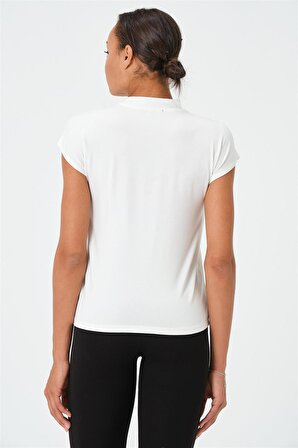 P-004932 - Kadın Kısa Kollu Yüksek Yaka Örme T-Shirt - BEYAZ