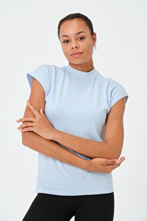 P-004932 - Kadın Kısa Kollu Yüksek Yaka Örme T-Shirt - AÇIK MAVİ