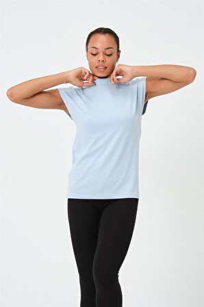 P-004932 - Kadın Kısa Kollu Yüksek Yaka Örme T-Shirt - AÇIK MAVİ