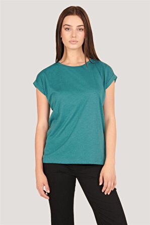 p-004928 - Kadın Keten Görünümlü Kısa Kollu T-Shirt - YEŞİL