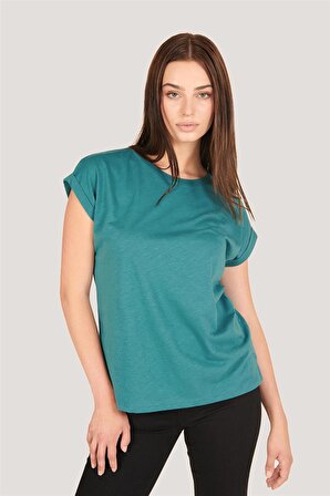 p-004928 - Kadın Keten Görünümlü Kısa Kollu T-Shirt - YEŞİL