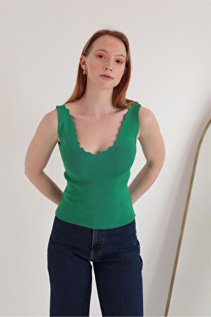 P-007087 - Kadın Triko Kumaş Merdiven Yaka Bluz - YEŞİL