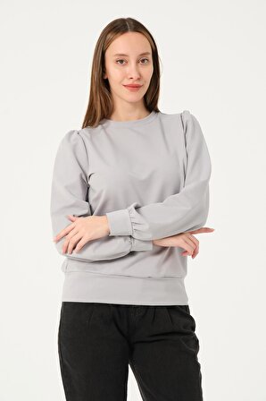 P-004986 - Kadın Omuzu Büzgülü Pamuklu Uzun Kollu Sweatshirt - GRİ