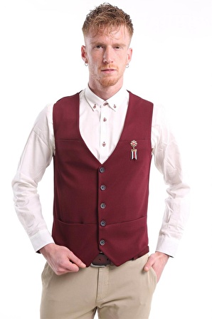  İntersivin  Erkek Bordo Slim Fit Astarlı Düğmeli Kemerli Likralı Tek Yelek