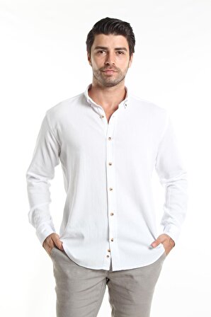 İntersivin Slim Fit Pamuklu Dokulu Beyaz Yazlık Erkek Gömlek