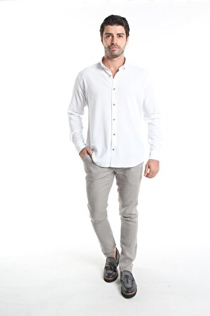 İntersivin Slim Fit Pamuklu Dokulu Beyaz Yazlık Erkek Gömlek