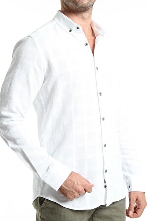 İntersivin Slim Fit %100 Pamuk Beyaz Dokulu Uzun Kollu Gömlek