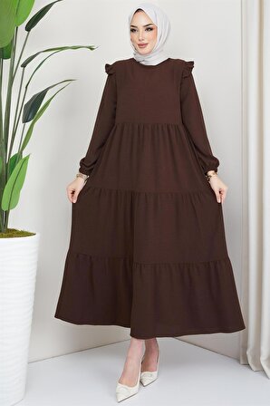 Omuzu Fırfırlı Ayrobin Tesettür Elbise Kahverengi