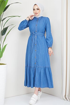 Eteği Volanlı Boydan Düğmeli Kot Elbise Açık Mavi