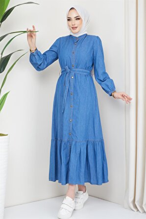 Eteği Volanlı Boydan Düğmeli Kot Elbise Açık Mavi