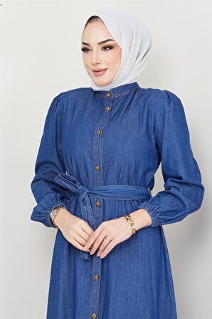 Eteği Volanlı Boydan Düğmeli Kot Elbise Koyu Mavi