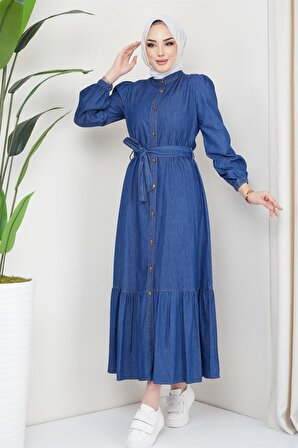 Eteği Volanlı Boydan Düğmeli Kot Elbise Koyu Mavi