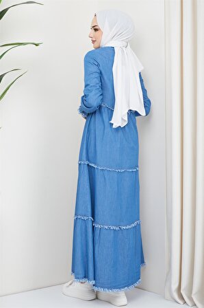 Önü Bağcık Detaylı Kot Elbise Açık Mavi