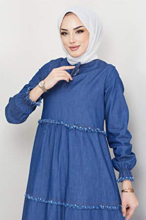 Önü Bağcık Detaylı Kot Elbise Koyu Mavi