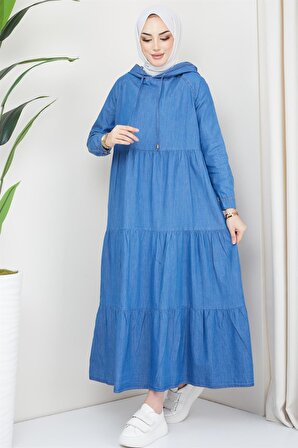 Kapüşon Detaylı Kot Elbise Açık Mavi