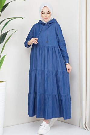 Kapüşon Detaylı Kot Elbise Koyu Mavi