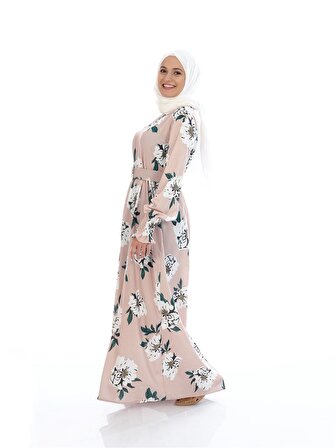 Yomana - Kemerli Çiçek Desen Elbise Bej