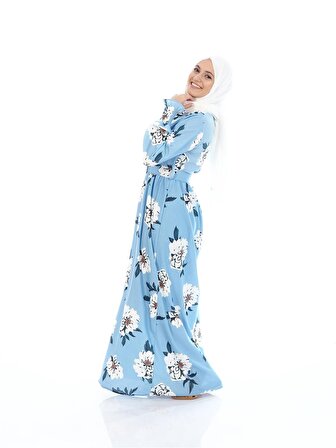 Lingua - Kemerli Çiçek Desen Elbise Mavi