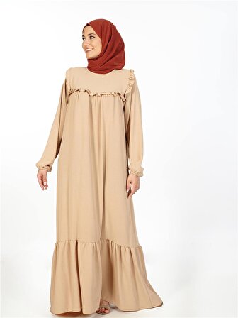 Lusist - Göğsü ve Eteği Fırfırlı Salaş Elbise Bej
