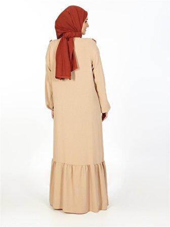 Lusist - Göğsü ve Eteği Fırfırlı Salaş Elbise Bej