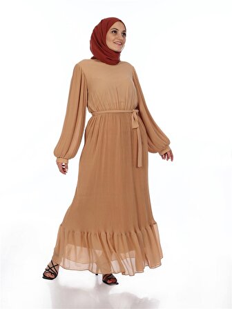 Aboveya - Pilise Detaylı Balon Kol Abiye Elbise Bej