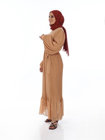 Aboveya - Pilise Detaylı Balon Kol Abiye Elbise Bej