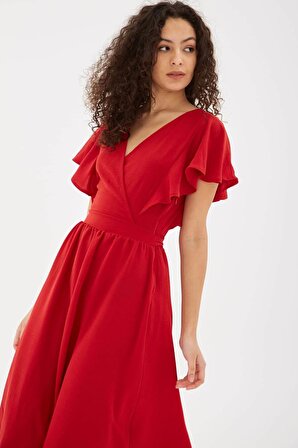 Kruvaze Yaka Elbise Kırmızı
