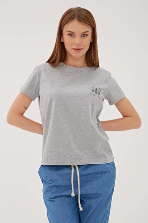 Baskılı T-Shirt Gri Melanj / Grey Melange