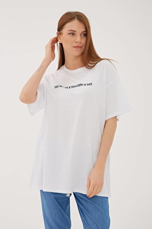 Oversize Baskılı T-Shirt Beyaz / White