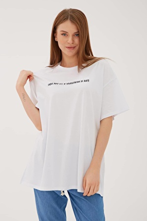 Oversize Baskılı T-Shirt Beyaz / White